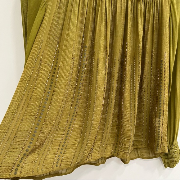 Anthropologie Blank London green beaded sequined mock neck blouse smocked XS - Picture 2 of 12
